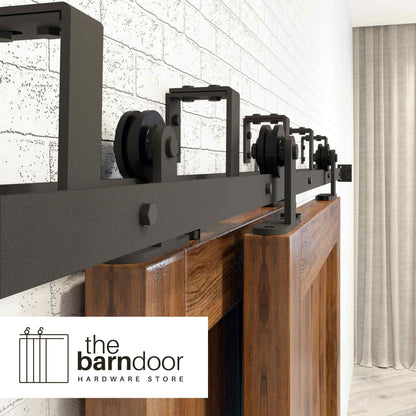 Straight Top Mount Black Double Bypass Barn Door Hardware Kit