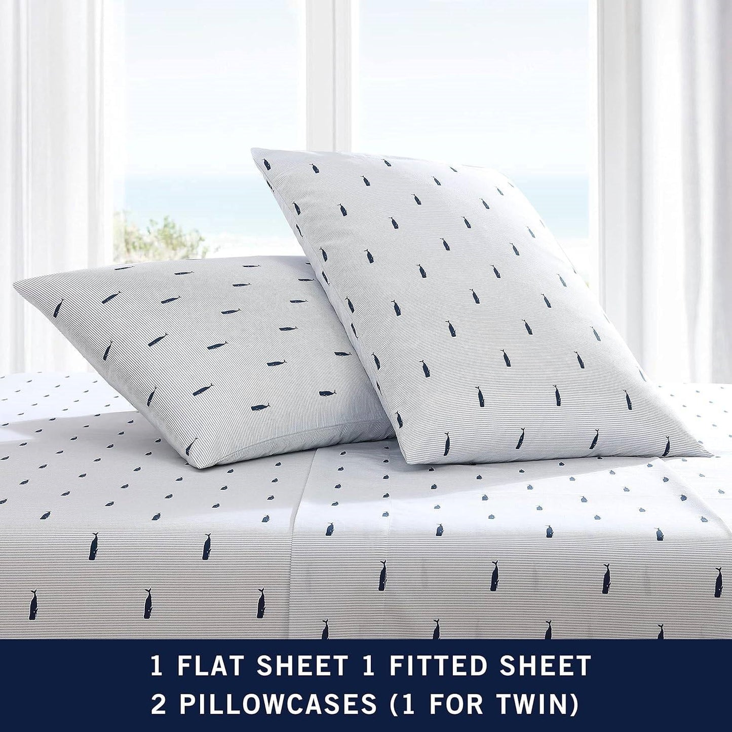 Twin XL size Coastal Beach 100-Percent Cotton Navy Blue White Stripe Sheet Set