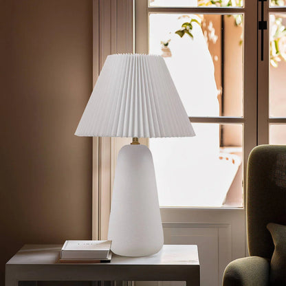 Ceramic Table Lamp – Textured Matte White Base, Fluted Fabric Shade & LED Bulb Included
