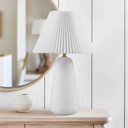 Ceramic Table Lamp – Textured Matte White Base, Fluted Fabric Shade & LED Bulb Included