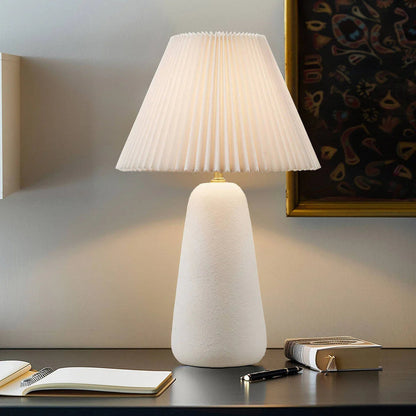 Ceramic Table Lamp – Textured Matte White Base, Fluted Fabric Shade & LED Bulb Included
