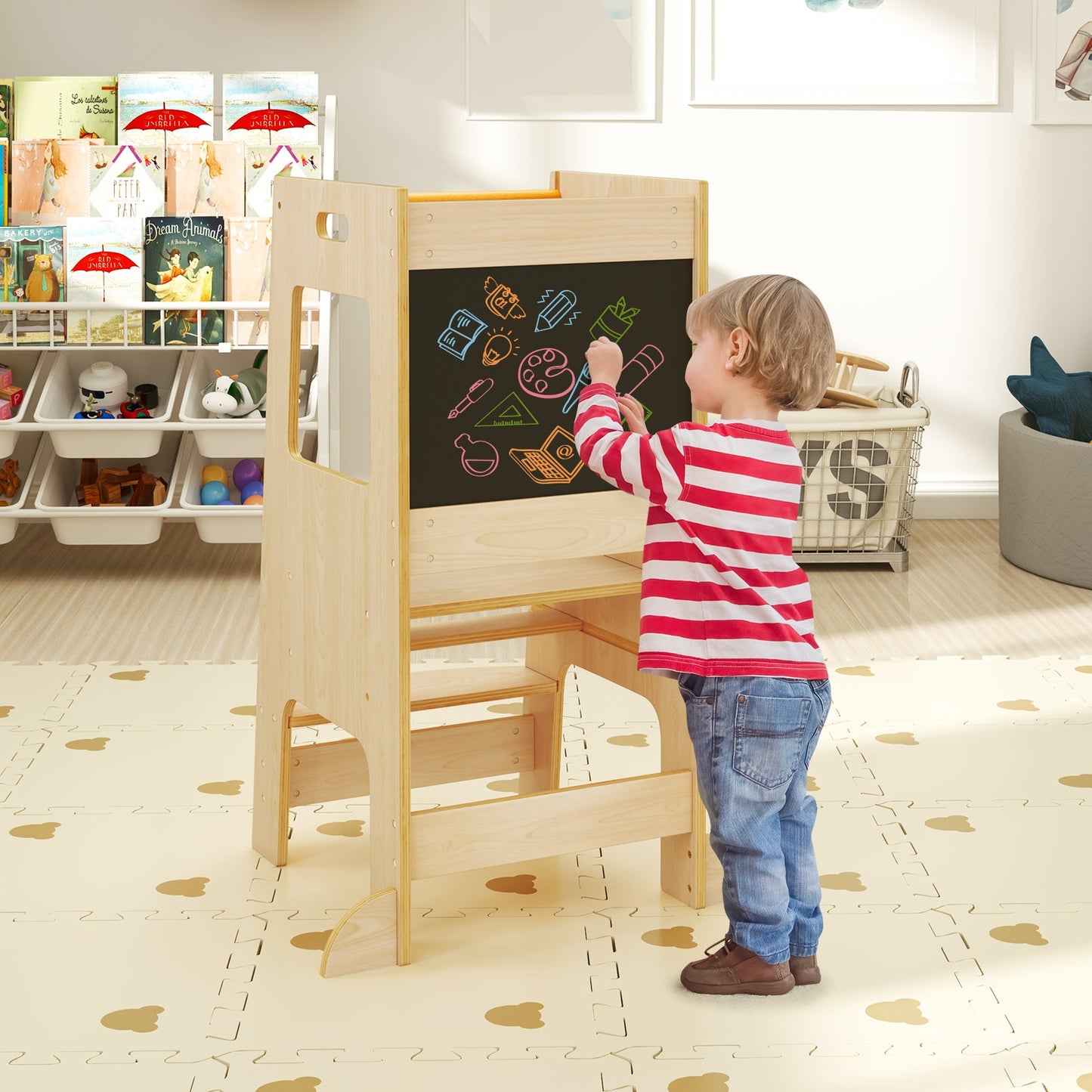 Toddler Kitchen Step Stool with Activity Chalkboard and Adjustable Height