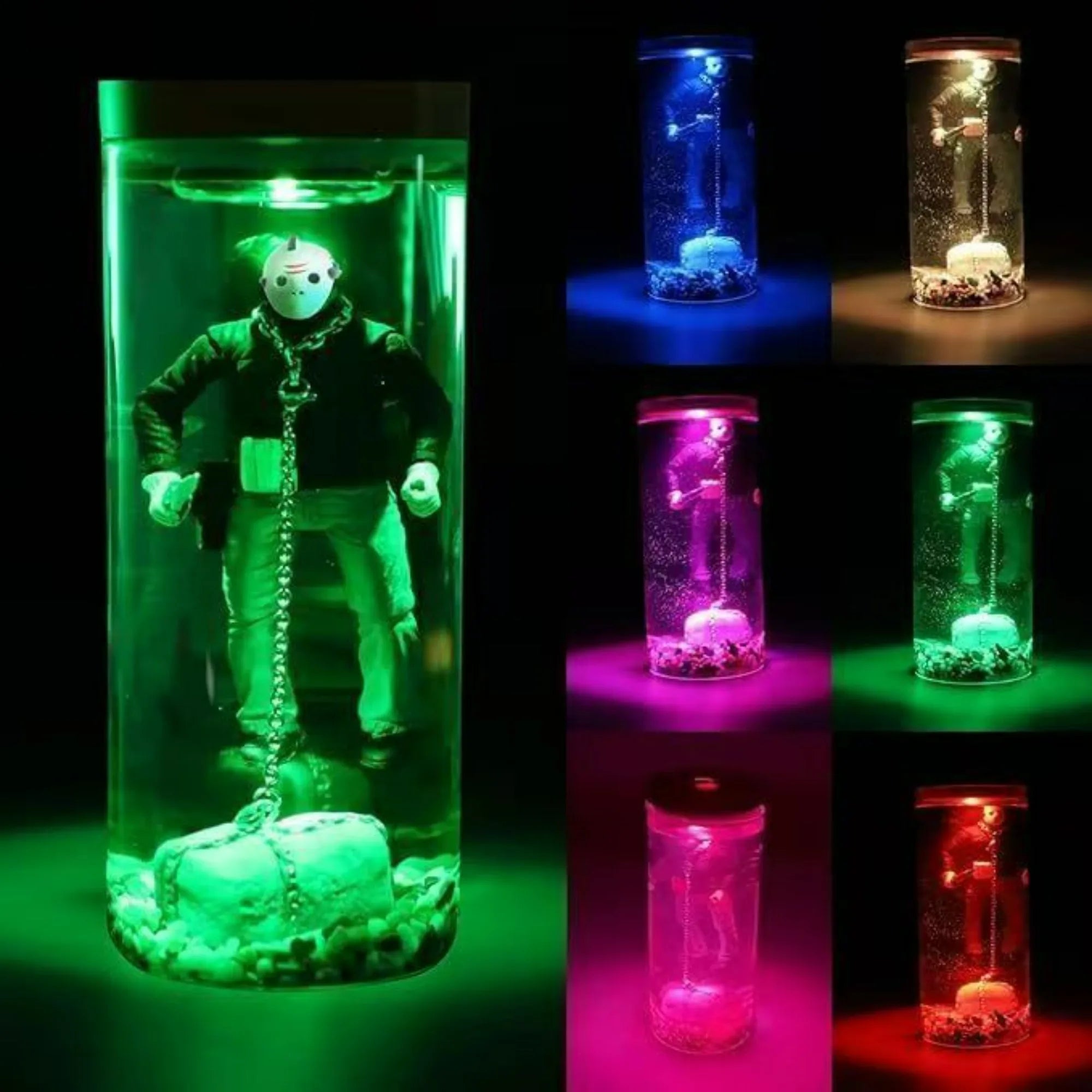 Toy figure in a glass container with colorful lighting effects
