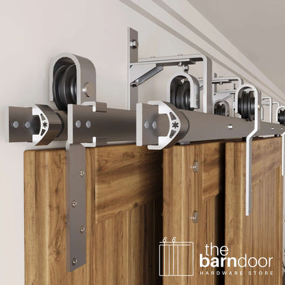 J-Strap Triple Track Bypass Barn Door Hardware Kit | Brushed Nickel