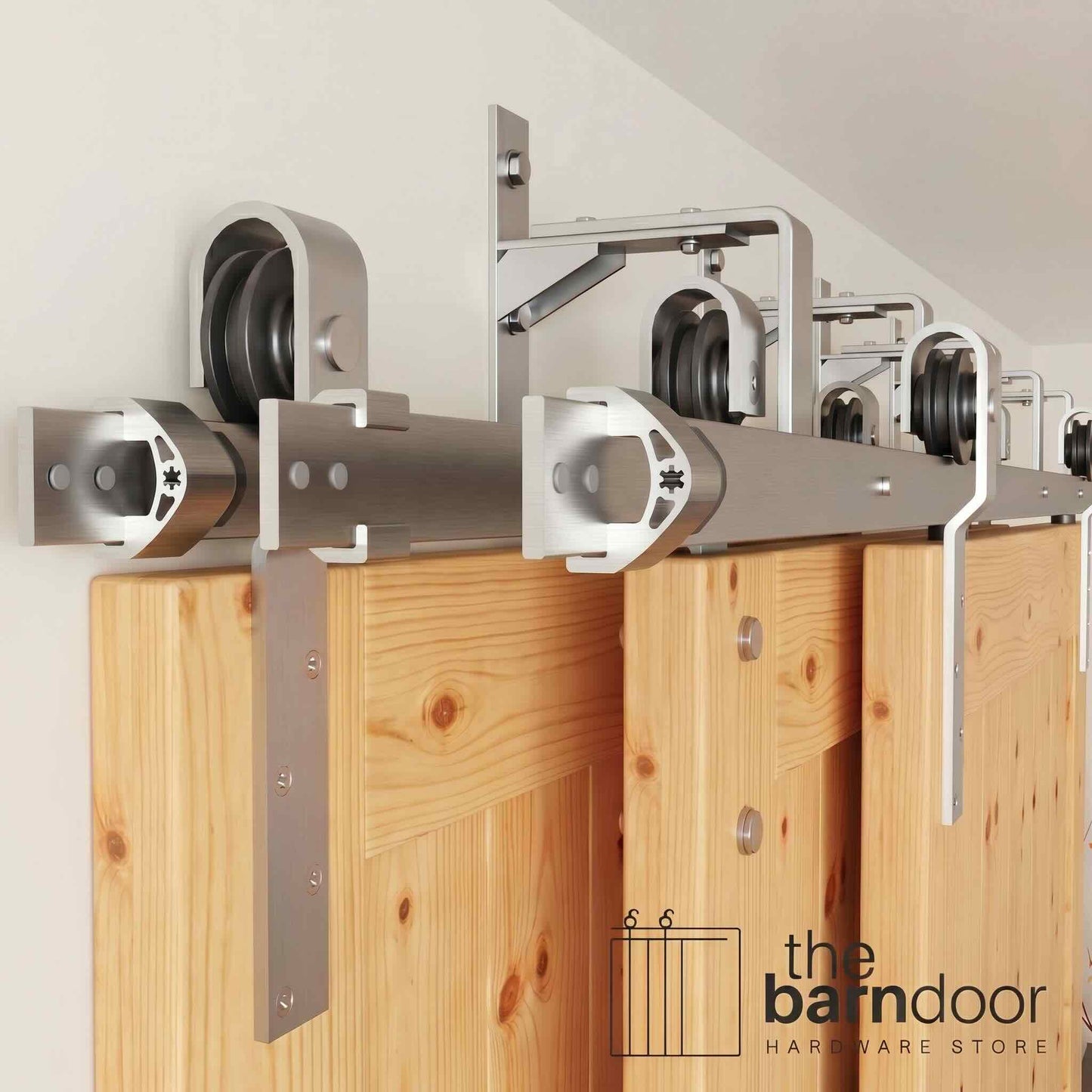J-Strap Triple Track Bypass Barn Door Hardware Kit | Brushed Nickel