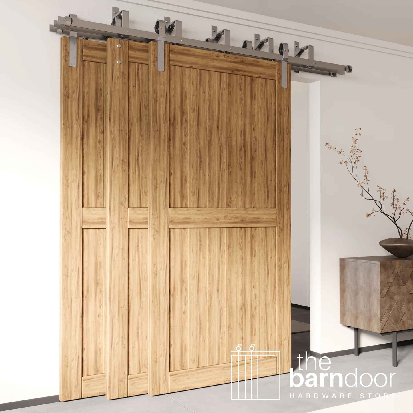 J-Strap Triple Track Bypass Barn Door Hardware Kit | Brushed Nickel