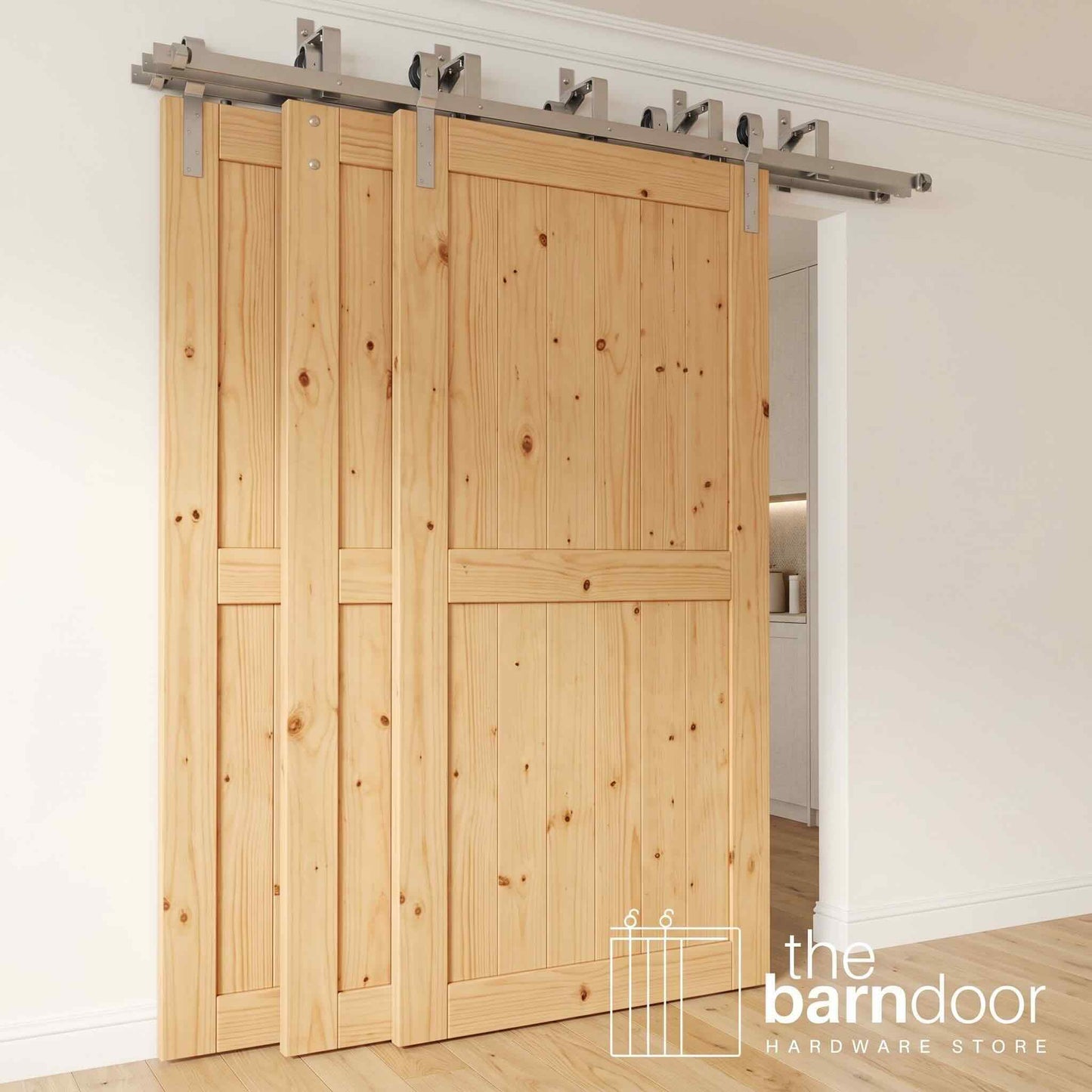 J-Strap Triple Track Bypass Barn Door Hardware Kit | Brushed Nickel