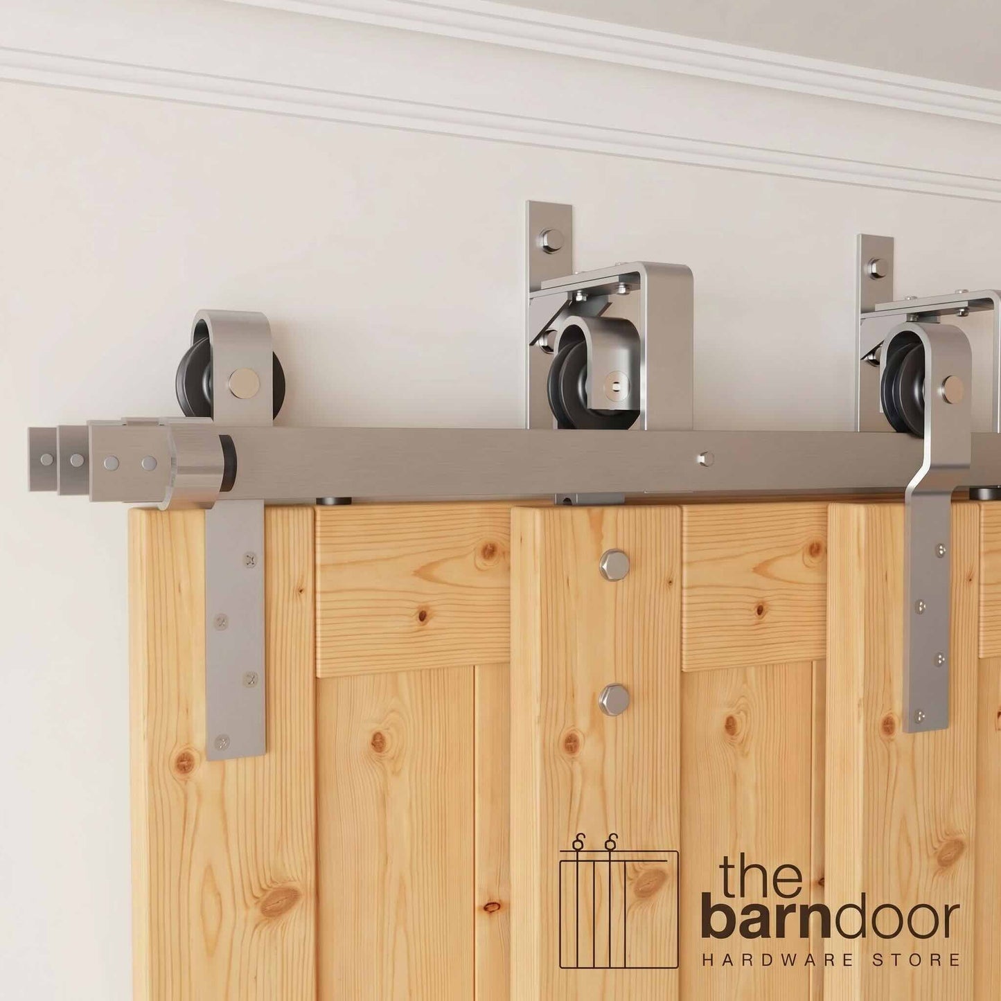 J-Strap Triple Track Bypass Barn Door Hardware Kit | Brushed Nickel