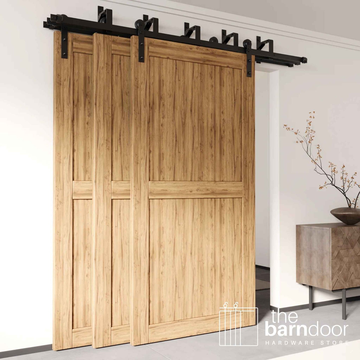 Straight Strap Triple Track Bypass Barn Door Hardware Kit | Matte Black