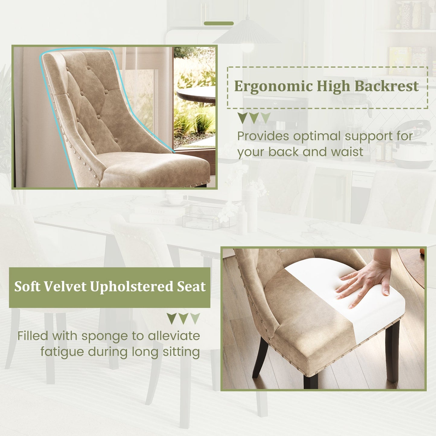 Tufted Wingback Upholstered Dining Chairs Set of 2-Light Brown