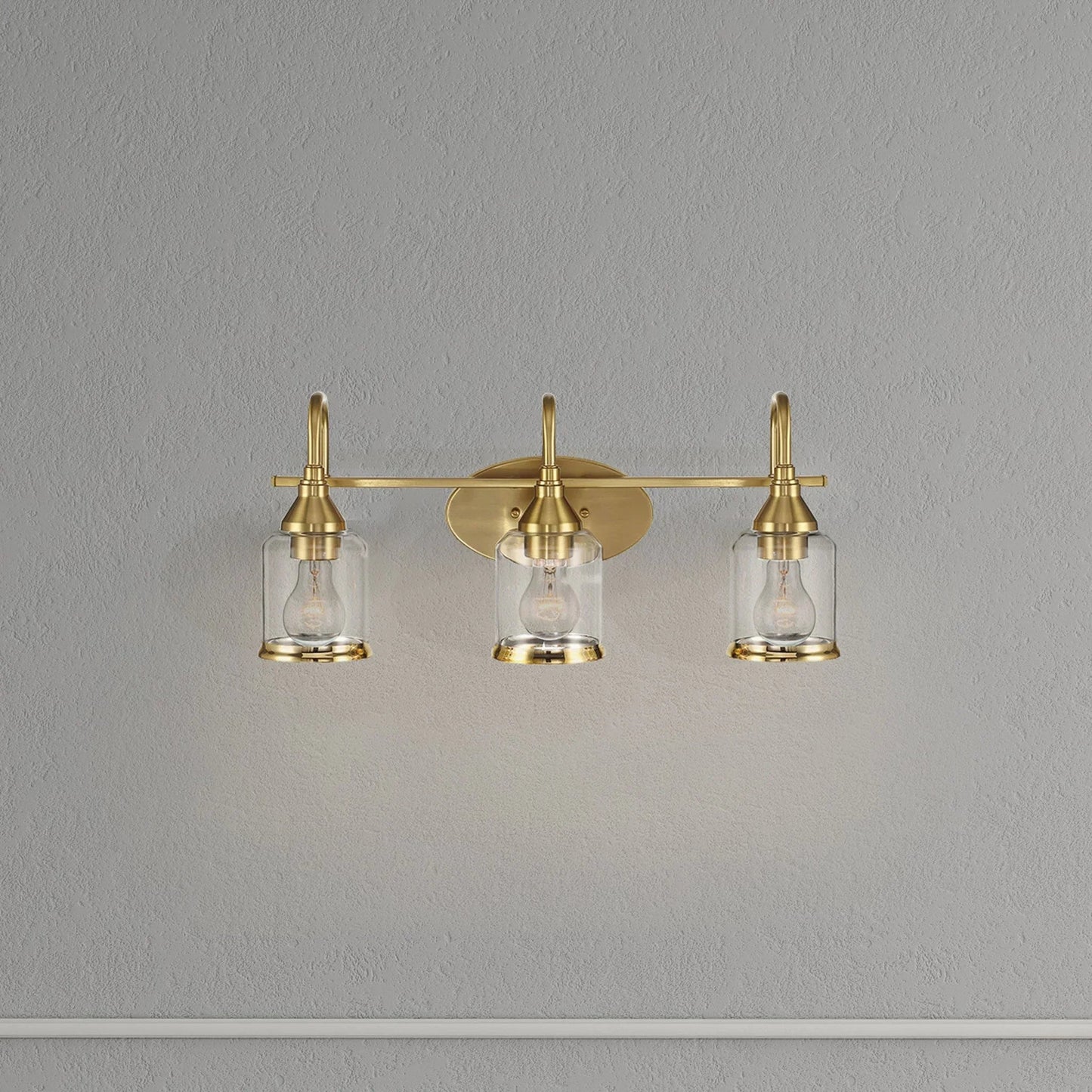 Brushed Gold Vanity Light | 3-Light Contemporary Wall Sconce with Clear Glass Shades — Bathroom, Dining Room & Entryway Fixture