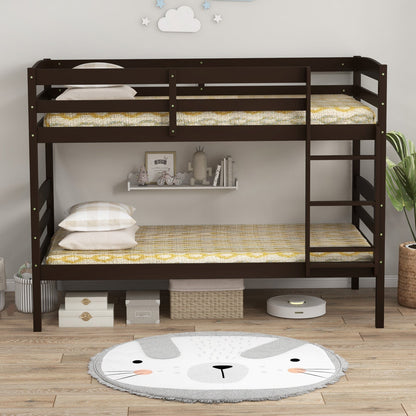 Solid Wood Twin Over Twin Bunk Bed Frame with High Guardrails and Integrated Ladder