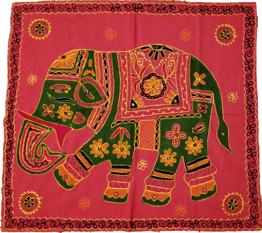 Unique Aari Design Tapestry with Embroidery on Red Cotton Fabric Square with Decorated Elephant