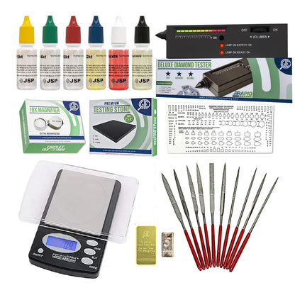 Gold, Silver, & Platinum Testing Kit 10K-24K JSP Acids, Diamond Tester, Digital Scale, Magnifier Loupe, Files & Test Bars