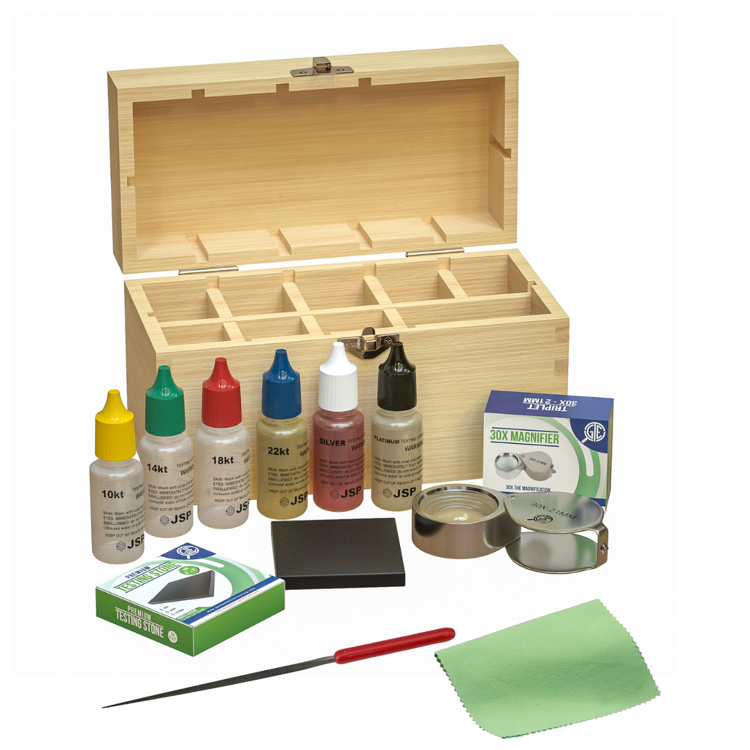 PuriTEST Precious Metal Jewelry Testing Kit Gold Silver Platinum Test Acids Wooden Box 30X Eye Loupe 10K 14K 18K 24K Needle File Cloth Acid