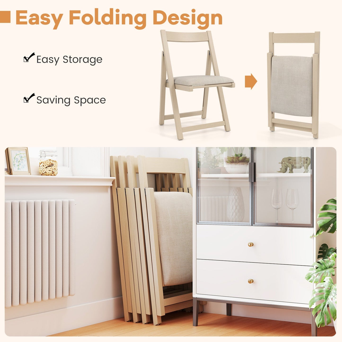 Folding Upholstered Dining Chair Set of 4 with Curved Backrest