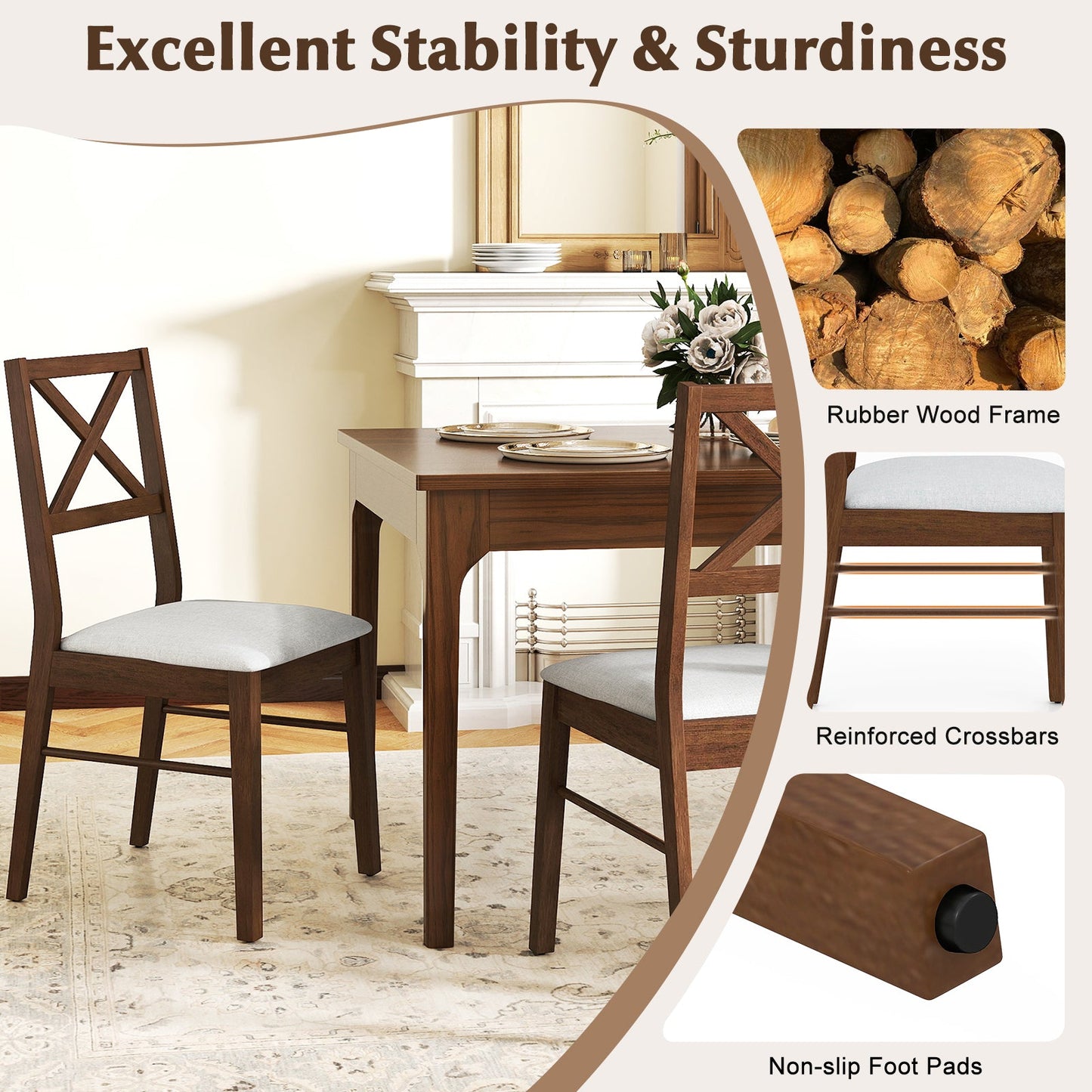 Upholstered Side Dining Chairs Set of 2 with Rubber Wood Frame