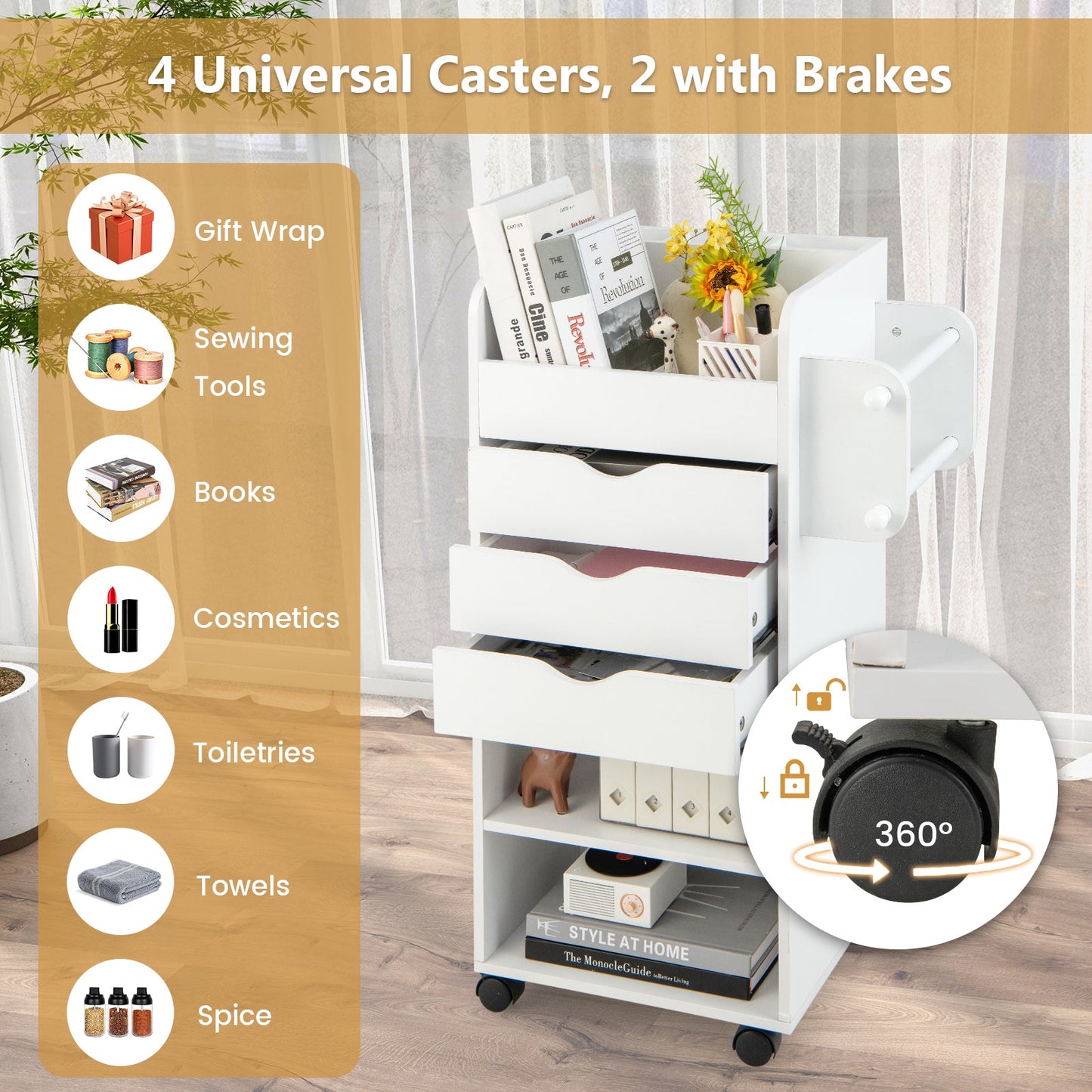 Utility Trolley with Open Shelves and 3 Drawers-White