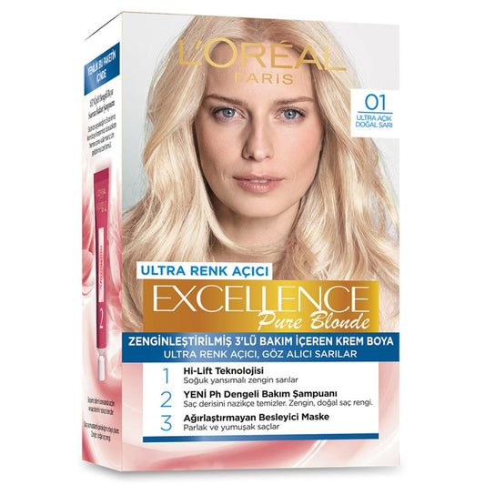 Loreal Paris Excellence Pure Blonde Hair Dye - Ultra Light Natural Blonde, Long-Lasting Color with Hair Care