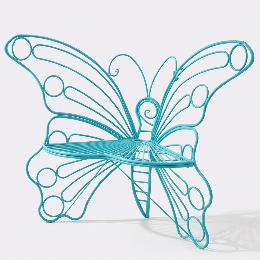 Turquoise butterfly-shaped metal wall art on a white background