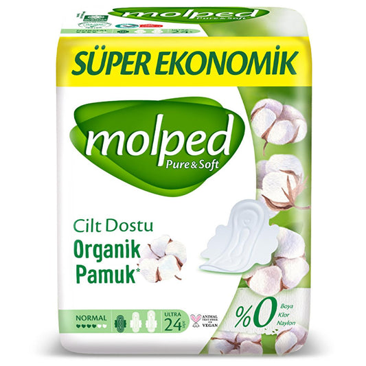 Molped Organic Cotton Sanitary Pads - Pure & Soft, Hypoallergenic, Chemical-Free, Vegan & Halal Certified for Comfortable Menstrual Protection