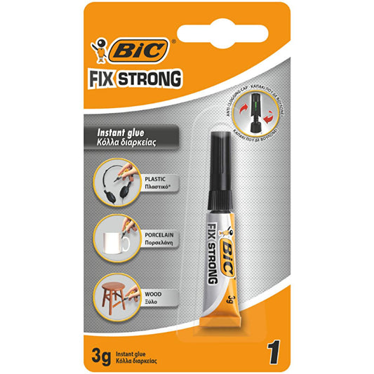 BIC Fix Strong Super Glue Adhesive - Instant Bonding for Plastic, Porcelain & Wood - 3g Tube