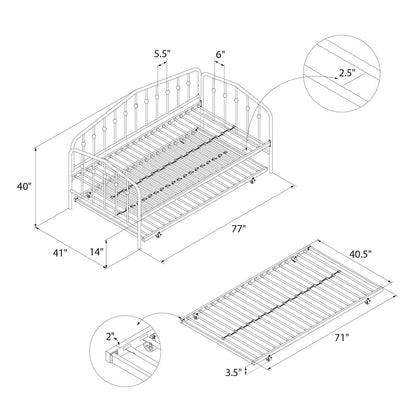 Twin size Modern Industrial White Metal Daybed with Trundle Bed Frame