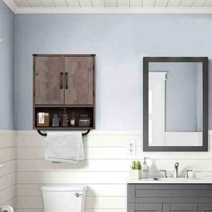 Farmhouse Bathroom Wall Cabinet with Towel Bar in Taupe Grey Brown Wood Finish