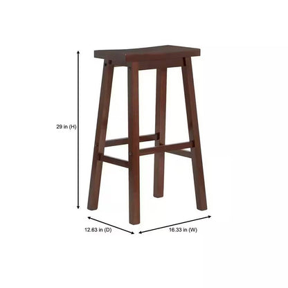Set of 2 Farmhouse Bar Height Saddle Seat Barstools in Brown Walnut Wood Finish