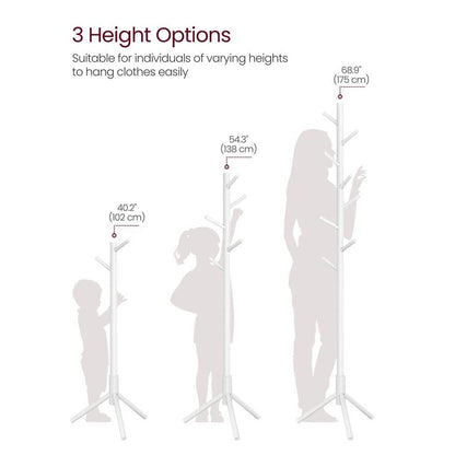 Sturdy Solid Wood Coat Rack in White Finish with 8 Hooks