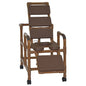 MJM International WT193-SSDE-TP-BRN Wood Tone Reclining TOTAL Brown padding shower chair with open front soft seat and elevated leg extension, 325 lbs weight capacity