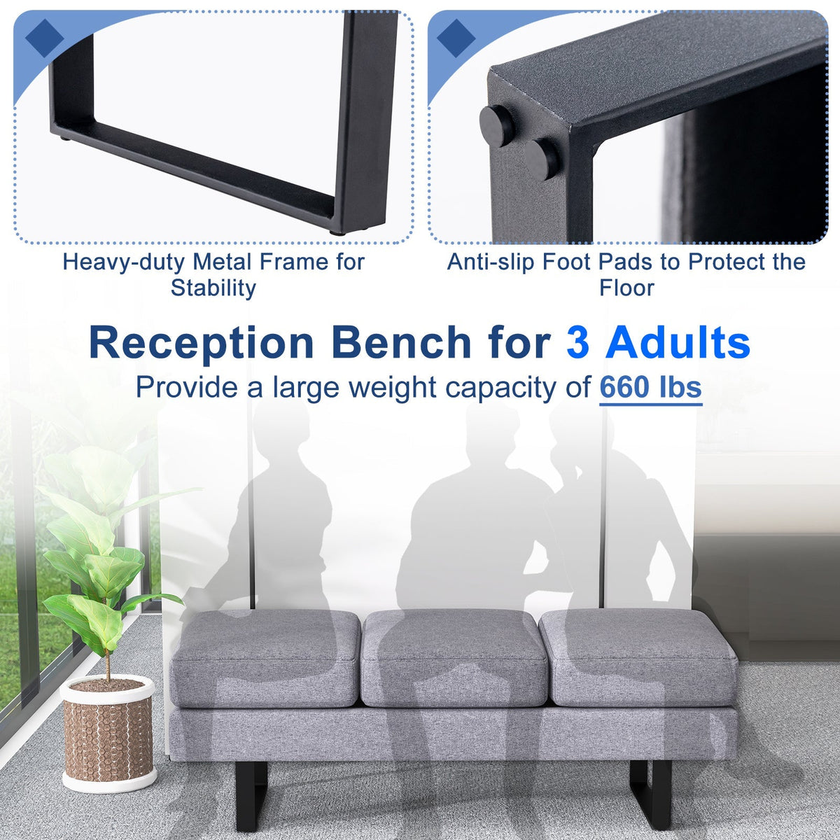 Waiting Room Bench Seating Long Bench with Metal Frame Leg