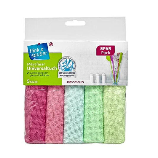 Flink & Sauber Microfiber Cleaning Cloth 5-Pack - Reusable, Lint-Free, Chemical-Free, Absorbent, Streak-Free Cleaning for Home & Car