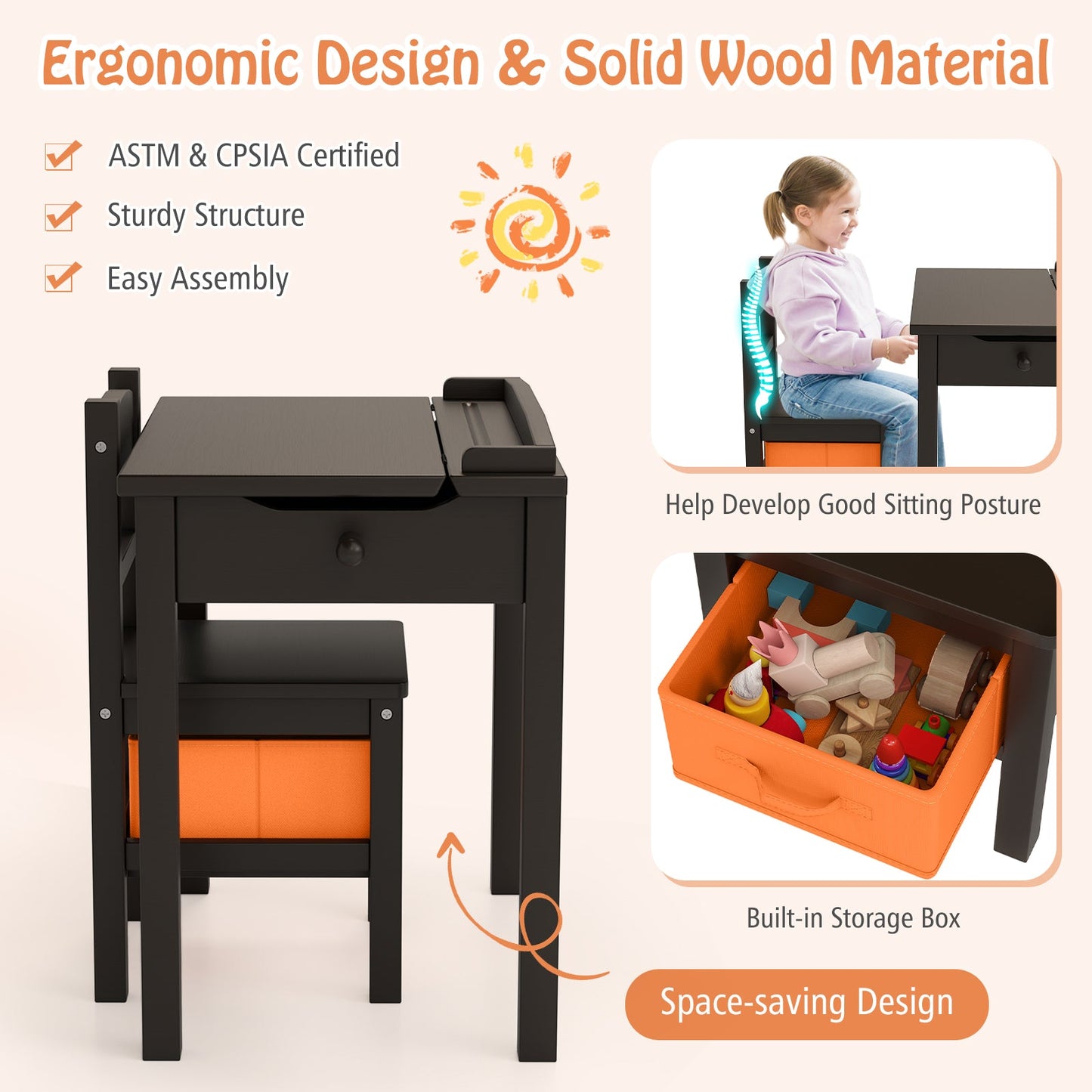 Wood Activity Kids Table and Chair Set with Storage Space-Dark Brown