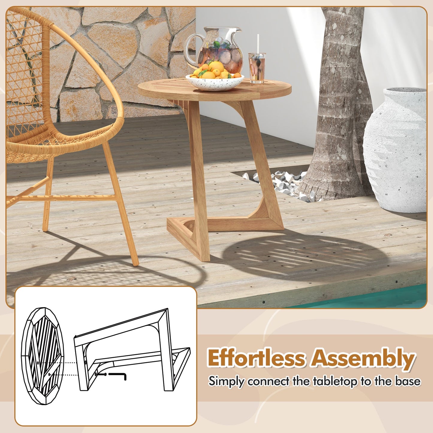 Teak Wood Side Table Round Sofa End Table with Slatted Tabletop