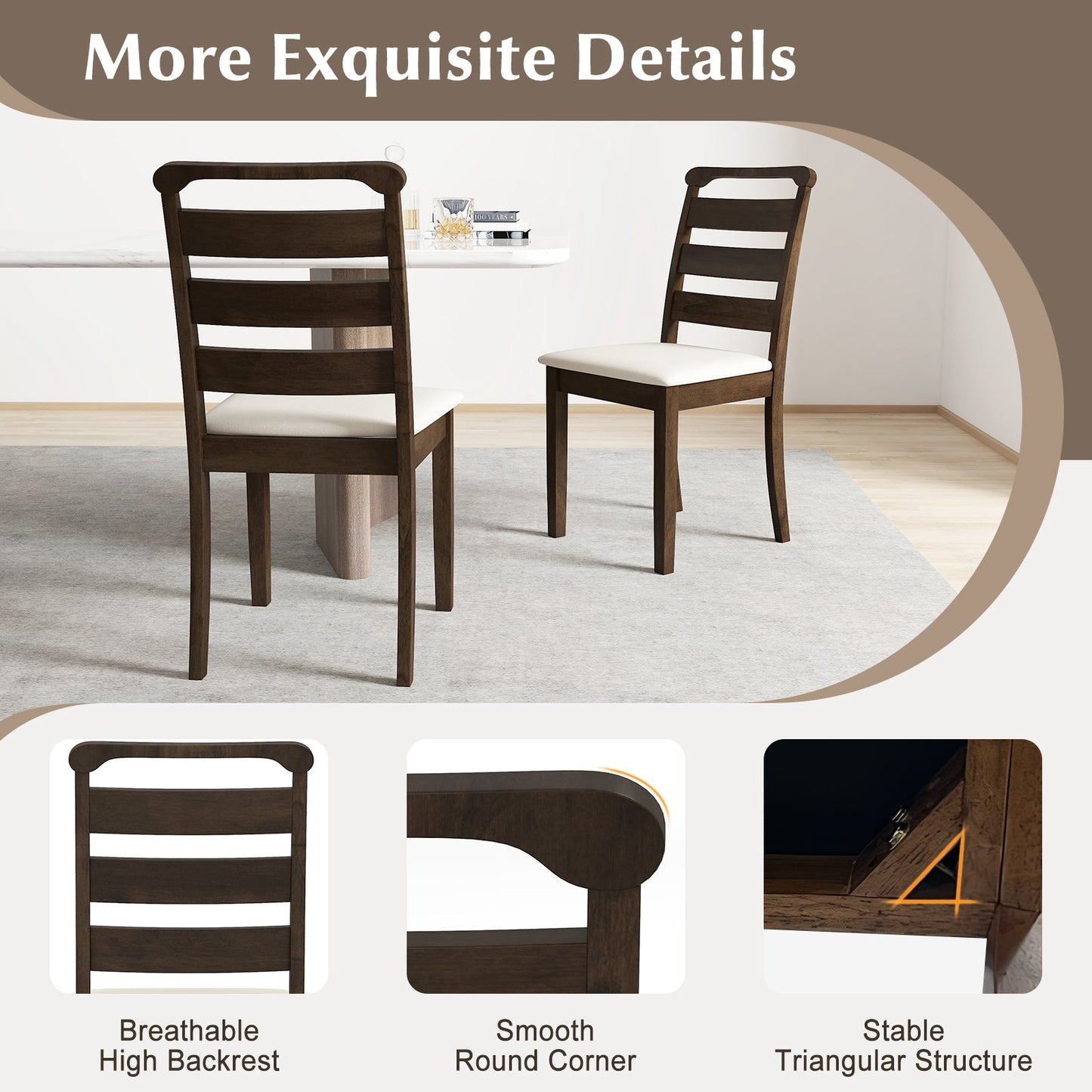 Polyester Upholstered Wooden Dining Chair Set of 2-Walnut