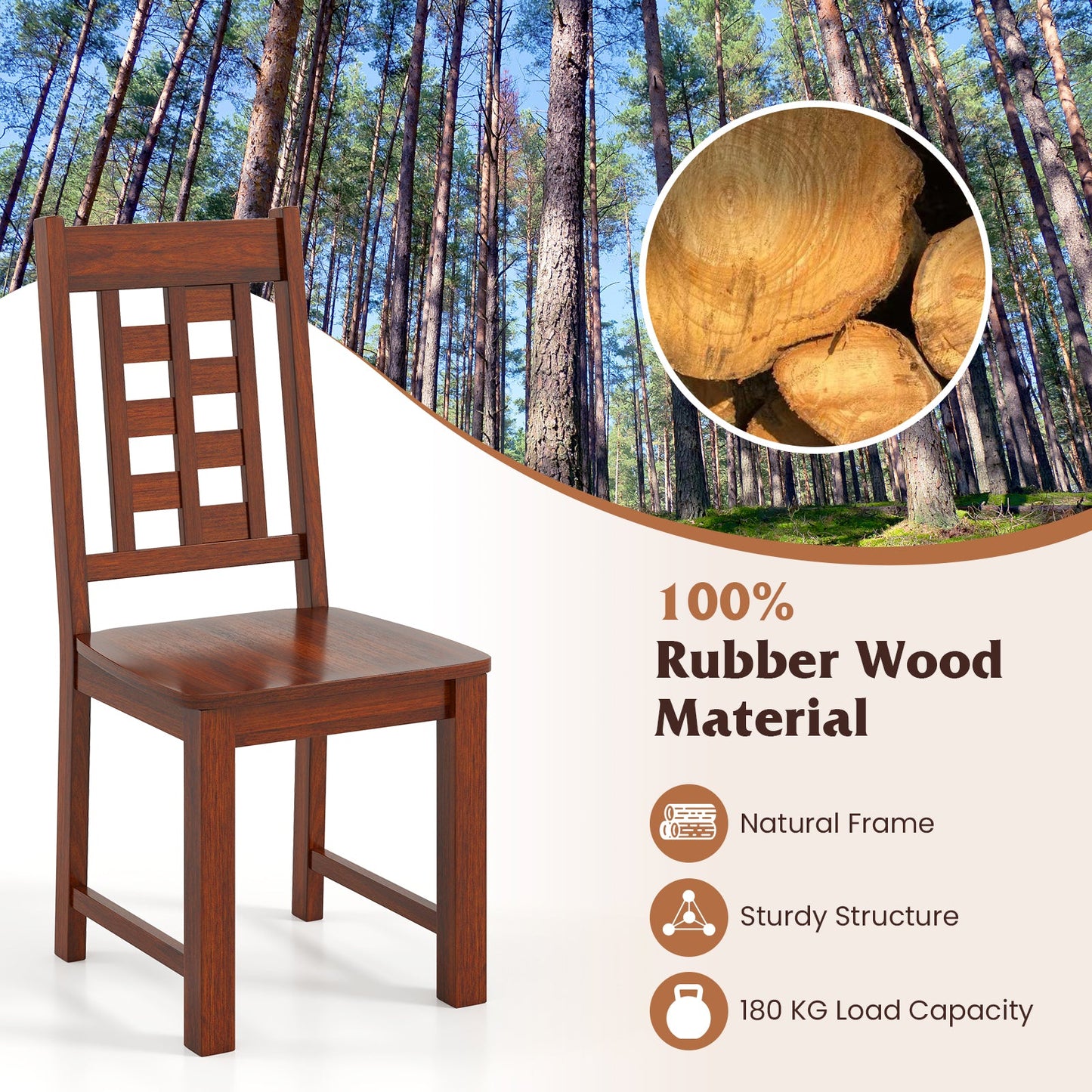 Wooden Dining Chairs Set of 2 Kitchen Chair with Solid Rubber Wood Frame-Walnut