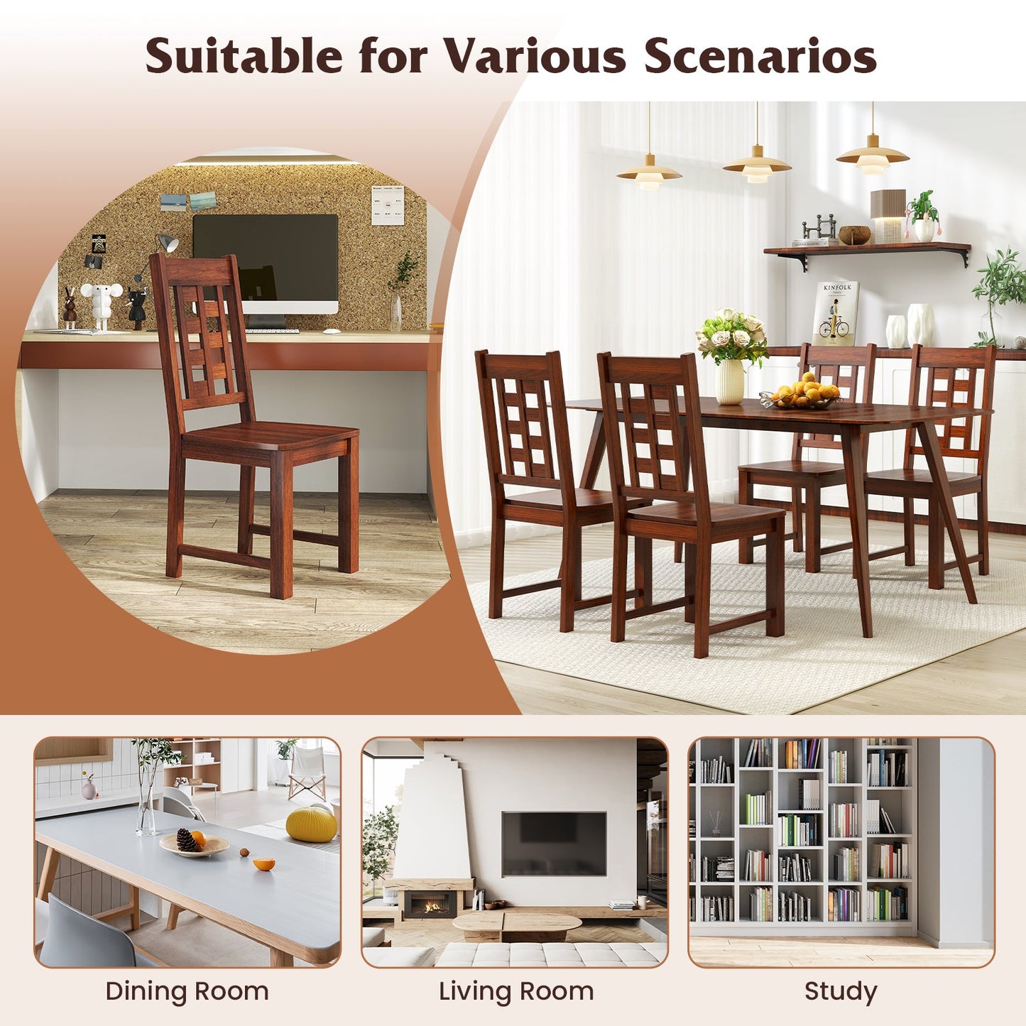 Wooden Dining Chairs Set of 2 Kitchen Chair with Solid Rubber Wood Frame-Walnut