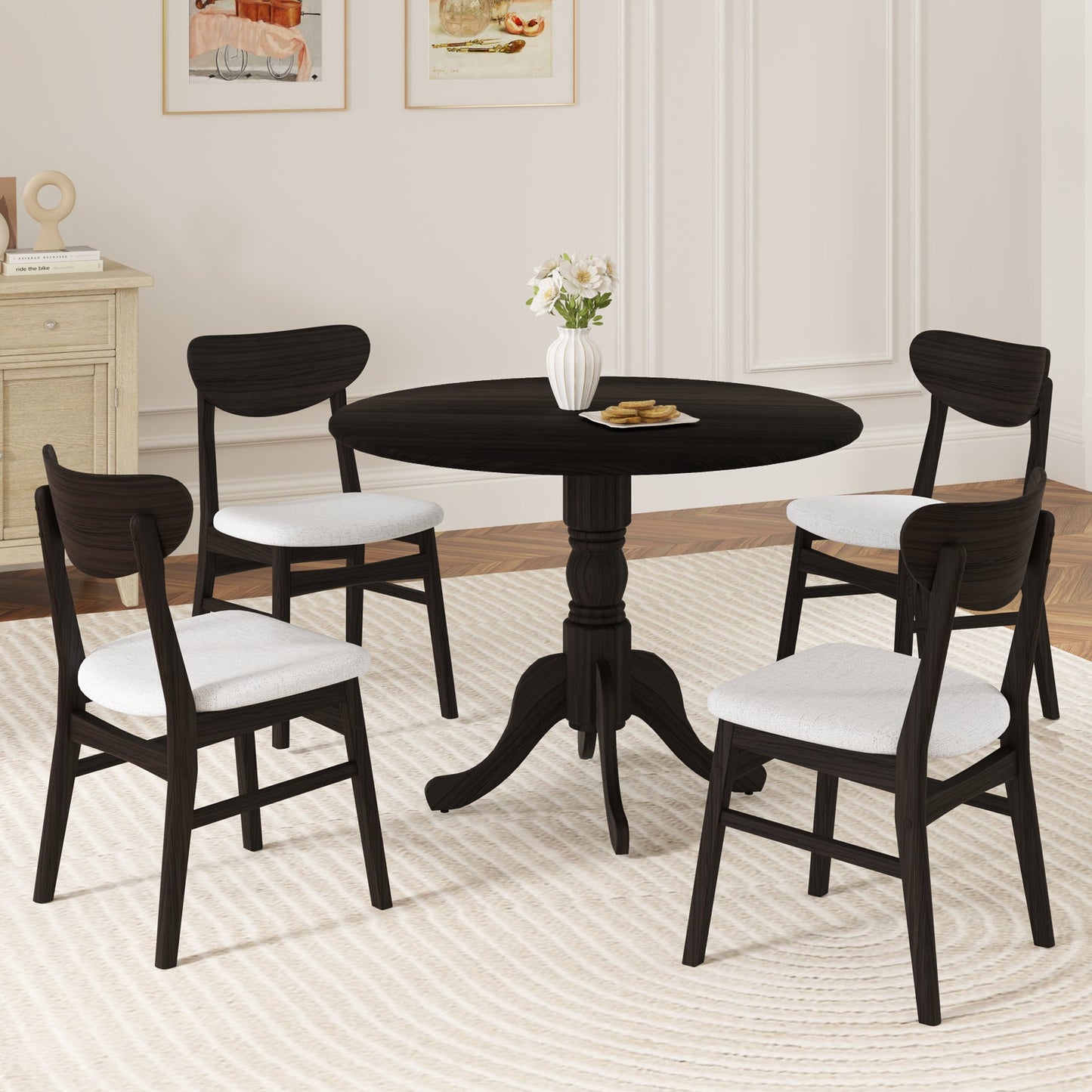 Wooden Dining Table with Round Tabletop and Curved Trestle Legs