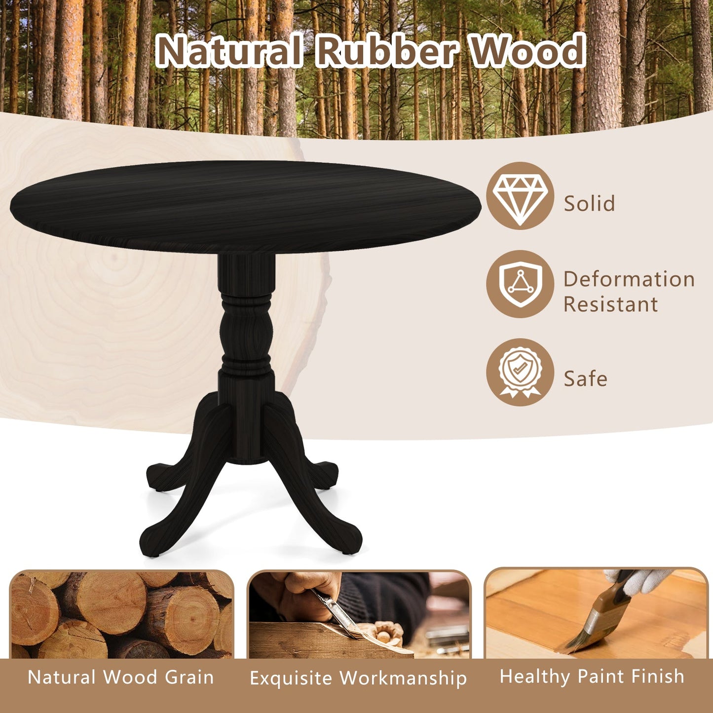 Wooden Dining Table with Round Tabletop and Curved Trestle Legs