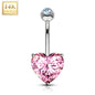 14k Solid White Gold Prong Set Pink 6mm CZ Heart Belly Ring