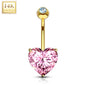 14k Solid Yellow Gold Prong Set Pink 6mm CZ Heart Belly Ring