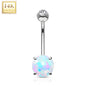 14k Solid White Gold Regal CZ 6mm Synthetic Opal Belly Ring