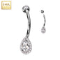 14k Solid White Gold Cubic Zirconia Deco Tear Drop Belly Ring