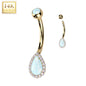 14k Solid Yellow Gold CZ Synthetic Opal Deco Tear Drop Belly Ring