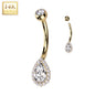 14k Solid Yellow Gold Cubic Zirconia Deco Tear Drop Belly Ring