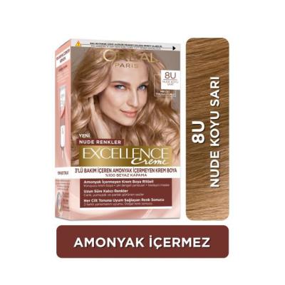 Loreal Paris Excellence Creme Nude Hair Dye - 8U Nude Koyu Sarı, Ammonia-Free, Nourishing Hair Color for Natural Look