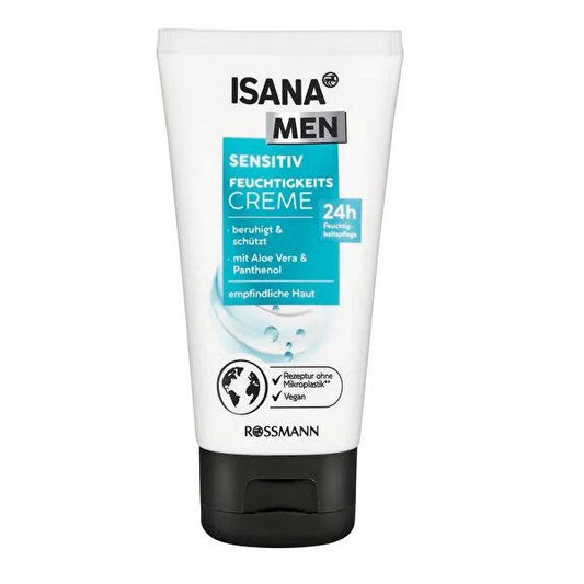 Isana Men Moisturizing Cream for Sensitive Skin: 24H Hydration, Aloe Vera, Shea Butter - Soothe, Protect & Hydrate