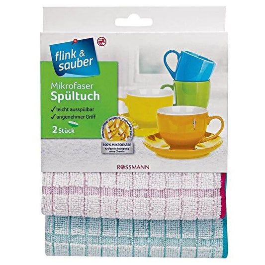 Flink & Sauber Premium Microfiber Cleaning Cloth 2-Pack: 11.8x11.8" Lint-Free Kitchen Cloths for Superior Hygiene & Stain Removal