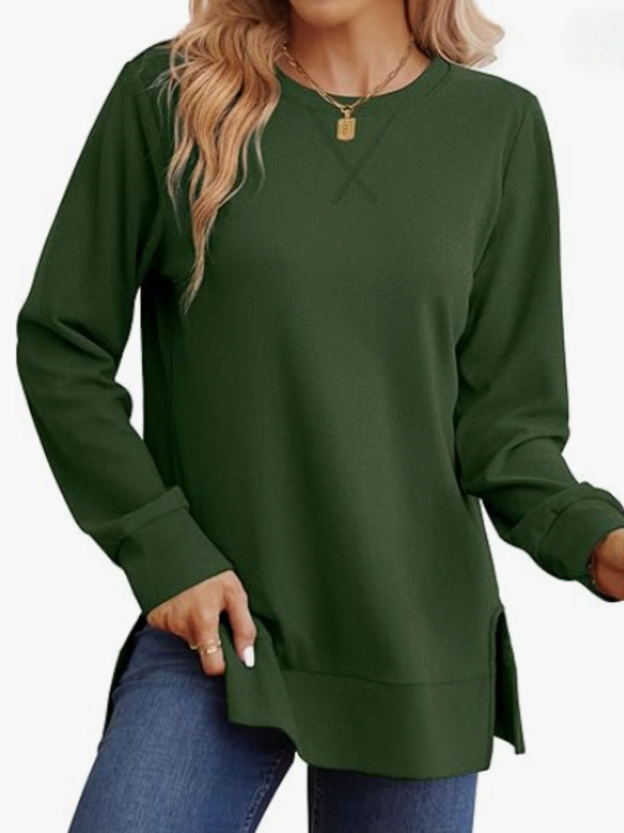 Womens Crew-Neck Long-Sleeve T-Shirt With Side Slits Casual Top